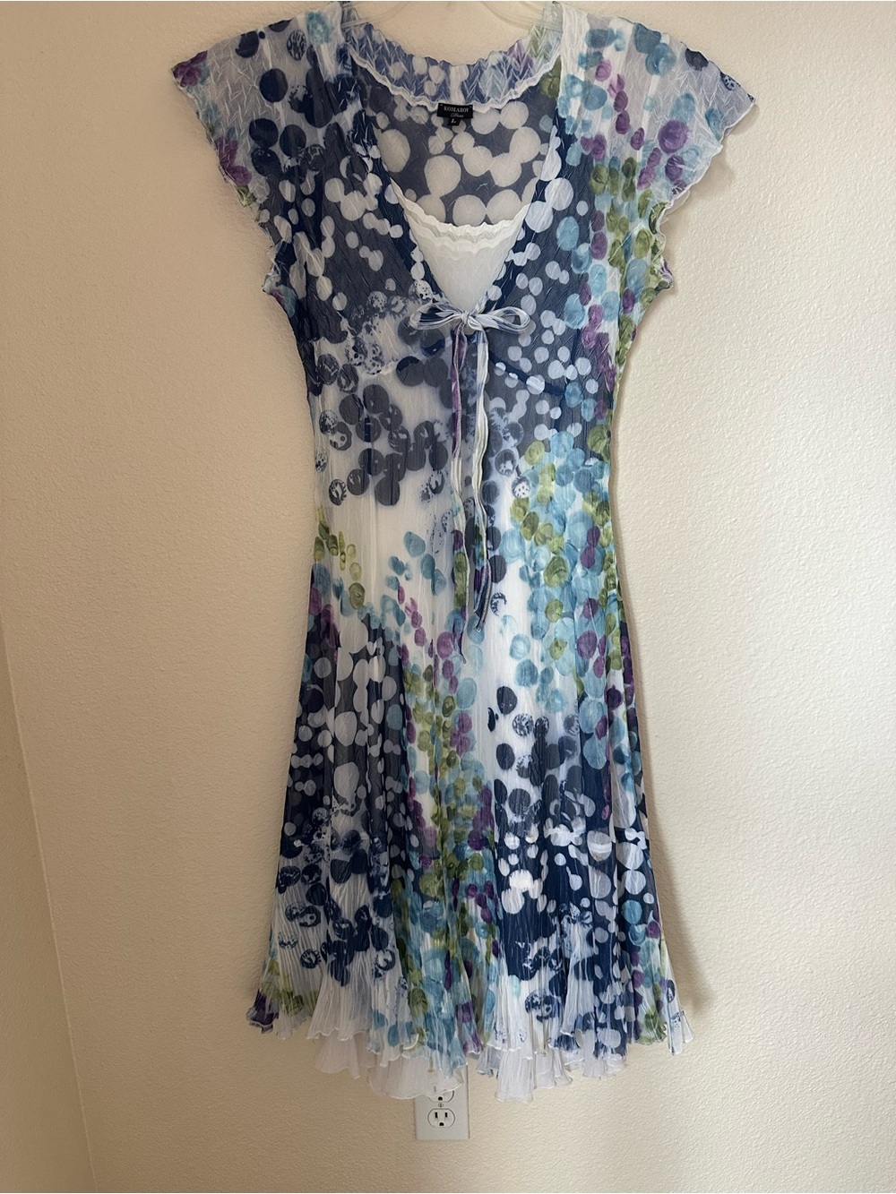 Komarov Crinkle Dress Cap Sleeve Midi Watercolor Whimsigoth Fairy Sz L But Fit M